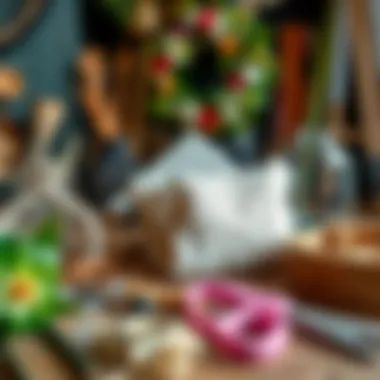 Crafting Materials for Wreath Creation Various crafting materials and tools used for creating artificial floral wreaths.