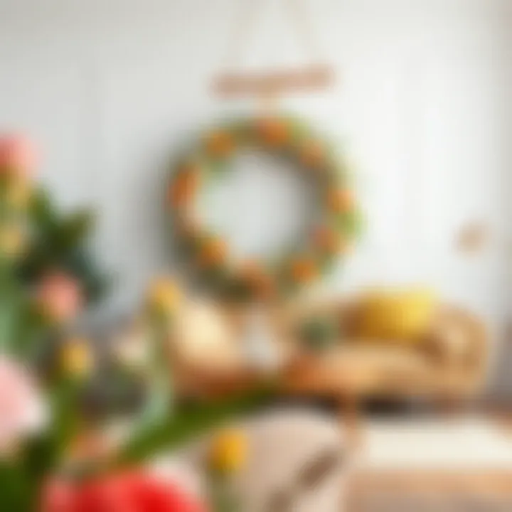 Modern Decor with Floral Wreaths A modern interior decorated with an elegant artificial floral wreath enhancing the space.