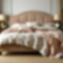 Elegant king bed adorned with a seven-piece bedding set showcasing intricate patterns and textures.
