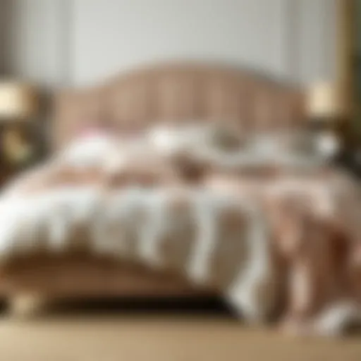 Elegant king bed adorned with a seven-piece bedding set showcasing intricate patterns and textures.
