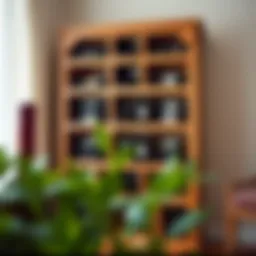 Elegantly designed wooden wine rack showcasing various wine bottles