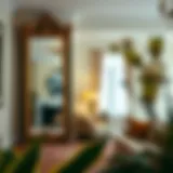 Elegant floor length mirror reflecting a stylish living room