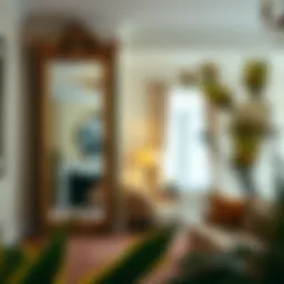 Elegant floor length mirror reflecting a stylish living room