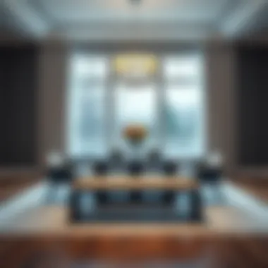 Elegant Dining Room with Bench Configuration Elegant dining room showcasing a table with a bench