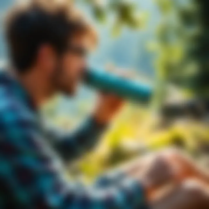 User enjoying hydration from a thermoflask outdoors
