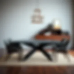 Elegant dark brown dining table set against a minimalist backdrop
