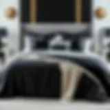 Elegant black and white bedding spread on a queen size bed