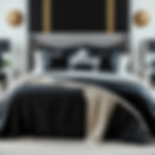 Elegant black and white bedding spread on a queen size bed