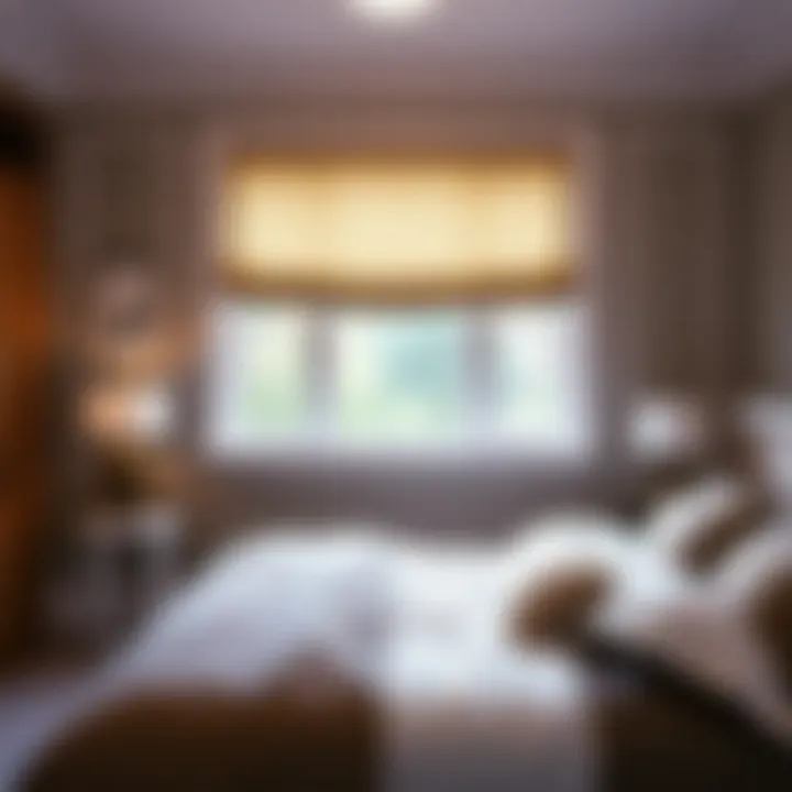 Elegant bedroom adorned with blackout roman shades that enhance decor