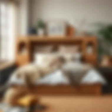 A beautifully styled boho bed with integrated storage showcasing textiles and decor