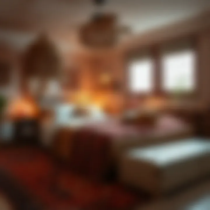 A cozy bedroom featuring a boho-style bed with ample storage and decorative accents