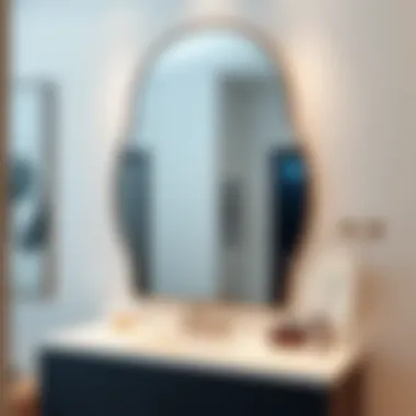 Modern Bathroom Featuring a Distinctive Mirror Modern bathroom with a large decorative mirror