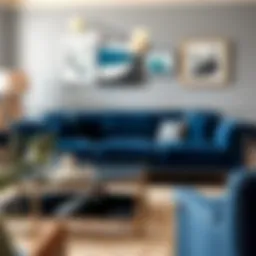 Elegant navy blue couch in a modern living room setting