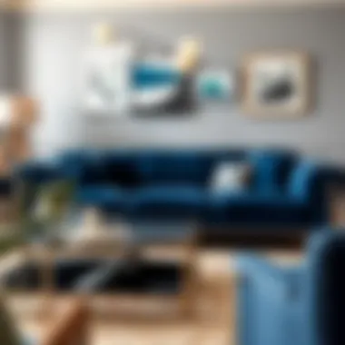 Elegant navy blue couch in a modern living room setting