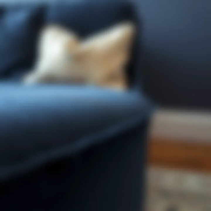 Close-up of the fabric texture on the navy blue couch