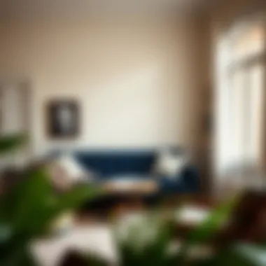 Navy blue couch in a cozy reading nook