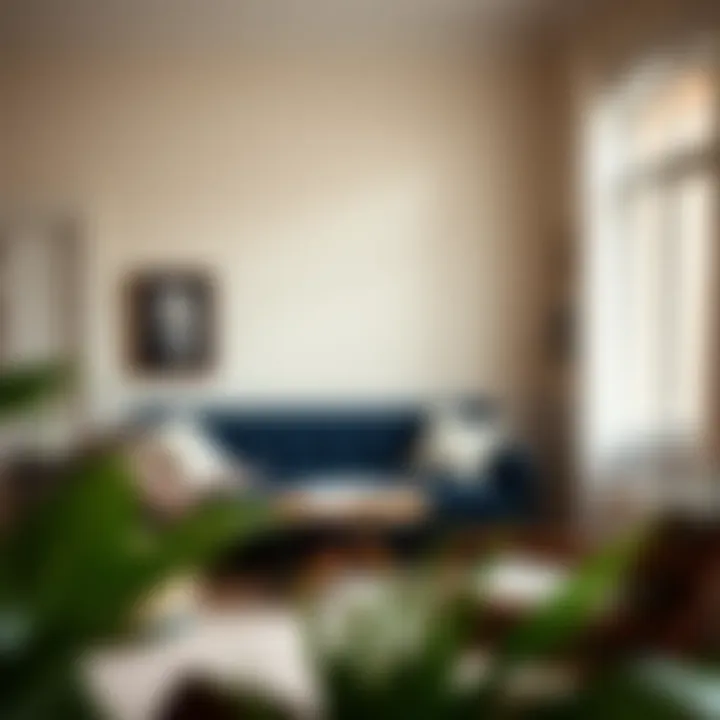 Navy blue couch in a cozy reading nook