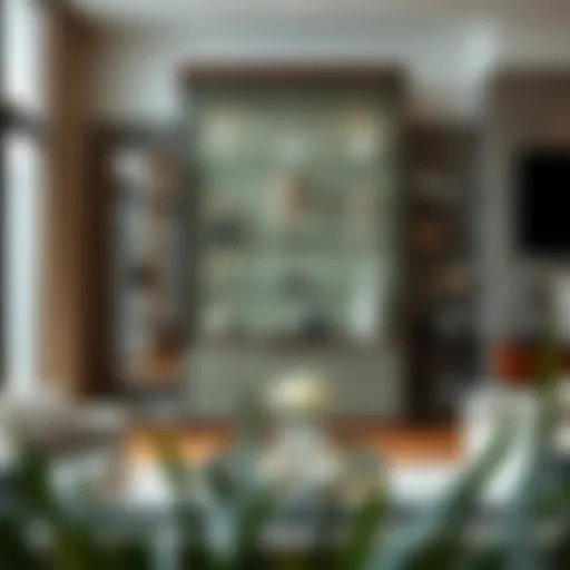 Elegant glass display case showcasing collectibles in a modern living room