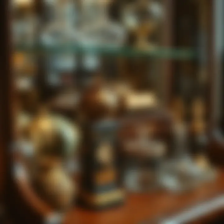 Close-up of intricate craftsmanship on a glass display case featuring vintage items