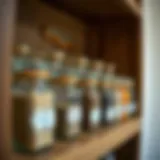 Elegant glass spice containers arranged on a wooden shelf