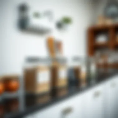 Functional Design with Glass Spice Containers Stylish kitchen countertop featuring glass spice containers