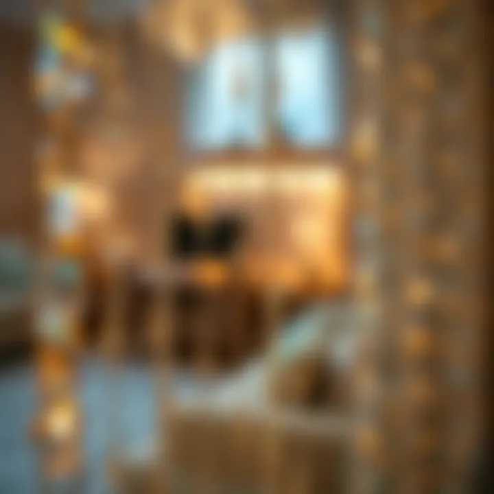 Close-up of shimmering glitter strands in curtain design