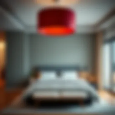 Modern bedroom design featuring a large burgundy lamp shade creating an inviting atmosphere.
