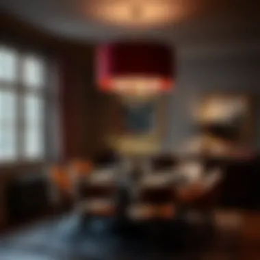 Dramatic dining area enhanced by the presence of a large burgundy lamp shade.