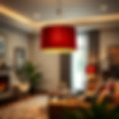 Elegant interior showcasing a large burgundy lamp shade illuminating a cozy living room.