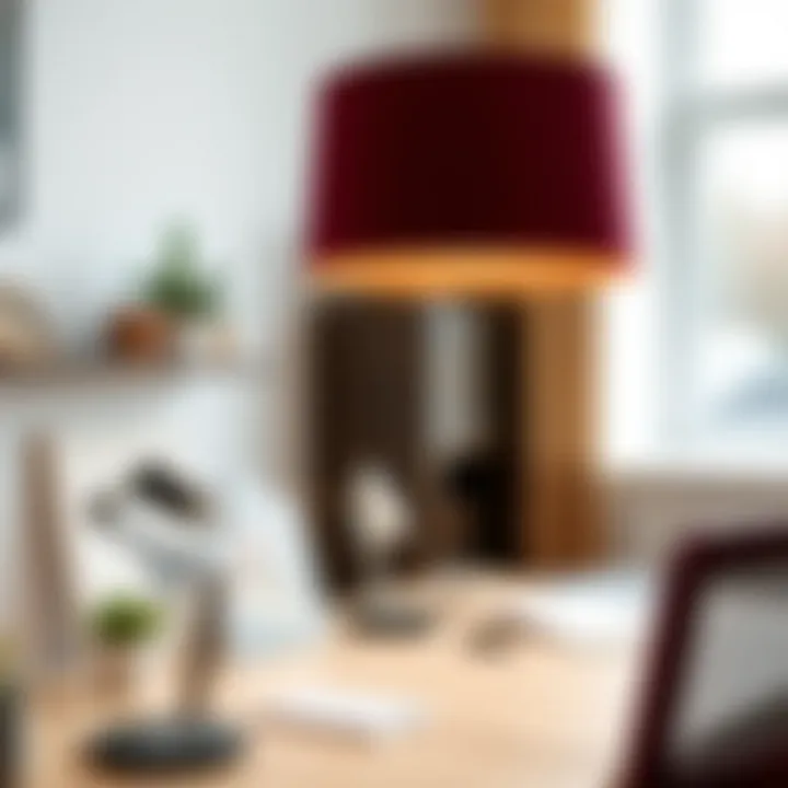 Stylish workspace featuring a large burgundy lamp shade providing warm light.