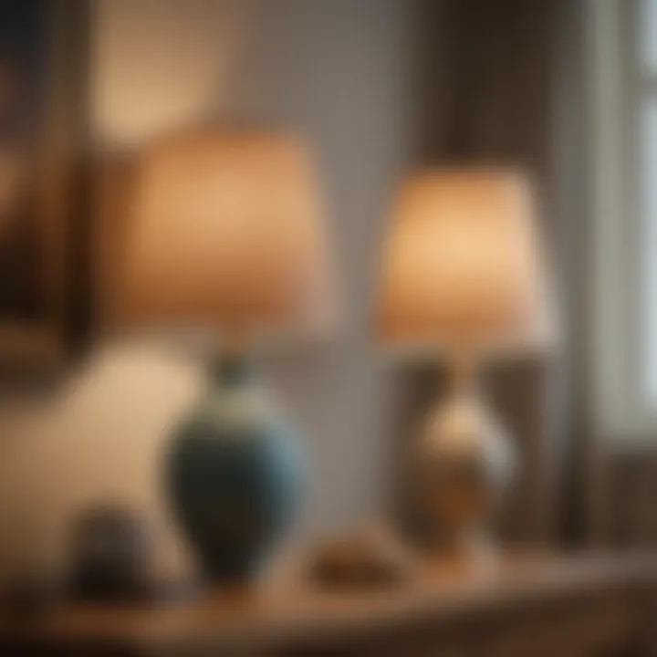 Elegant fabric lamp shades complemented by ambient lighting, enhancing a cozy living space.