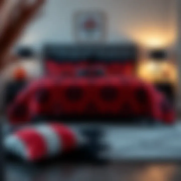 Stylish bedroom accessories complementing red and black comforter