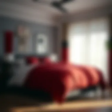 Cozy bedroom layout featuring red and black comforter