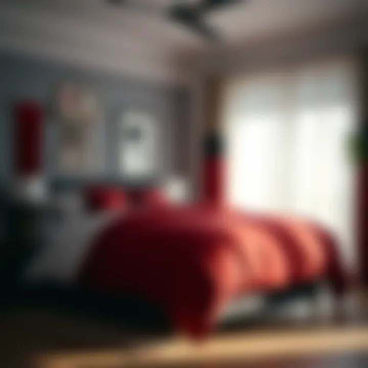 Cozy bedroom layout featuring red and black comforter