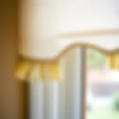 Close-up of fabric texture and fringe detailing on scalloped shade