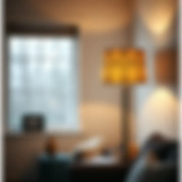 Stylish Floor Lamp with Geometric Shade A stylish floor lamp with a geometric shade illuminating a cozy reading nook