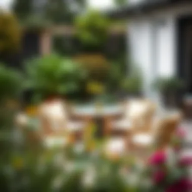 Modern Garden Setting with Small High Top Table Stylish small high top outdoor table set in a modern garden