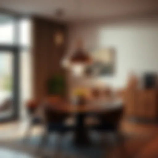 Sleek bronze pendant light illuminating a modern dining area