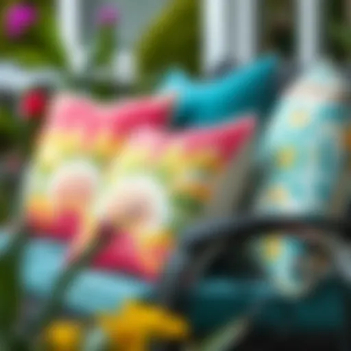 A close-up of vibrant outdoor pillows on a patio chair