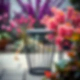 Elegant round metal end table in a vibrant garden setting