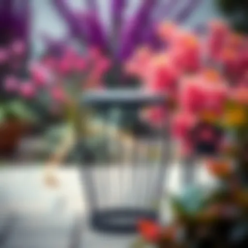 Elegant round metal end table in a vibrant garden setting