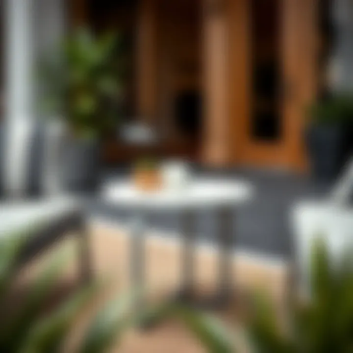 Chic Round Metal End Table with Lounge Chairs Stylish round metal end table paired with outdoor lounge chairs