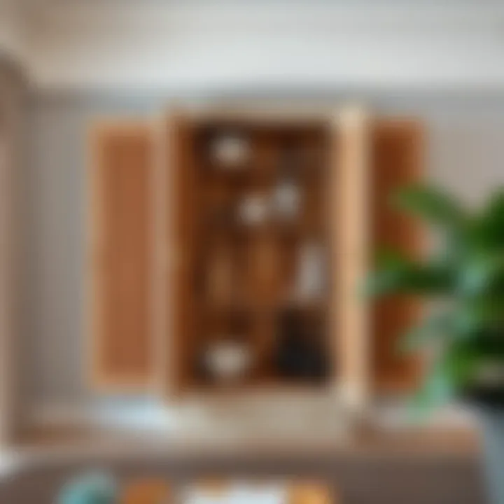 Organized interior of a four-door tall cabinet with decorative elements