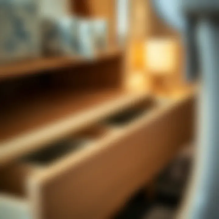 Close-up of storage drawers in a queen captain bed