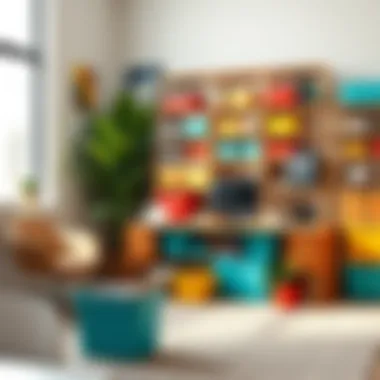 Colorful small storage solutions arranged in an office setting