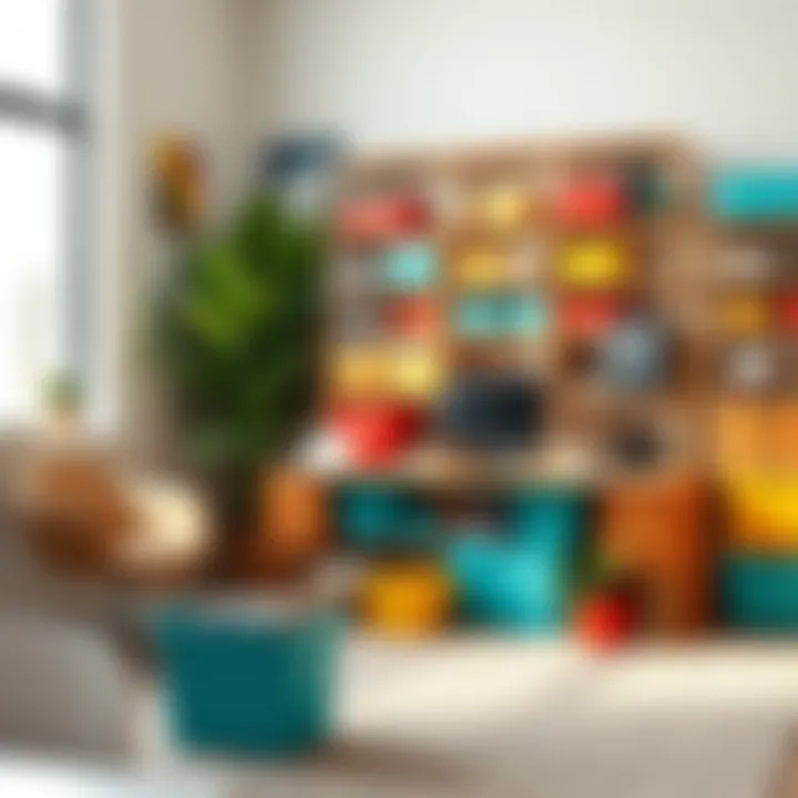 Colorful small storage solutions arranged in an office setting