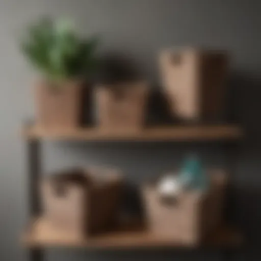 Elegant square baskets arranged on a rustic shelf showcasing various textures.