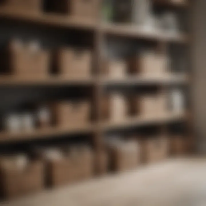 Organized square baskets on shelves demonstrating effective storage solutions.