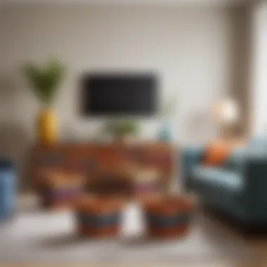 Colorful Square Baskets in Modern Living Room A modern living room featuring square baskets with vibrant colors as decor elements.