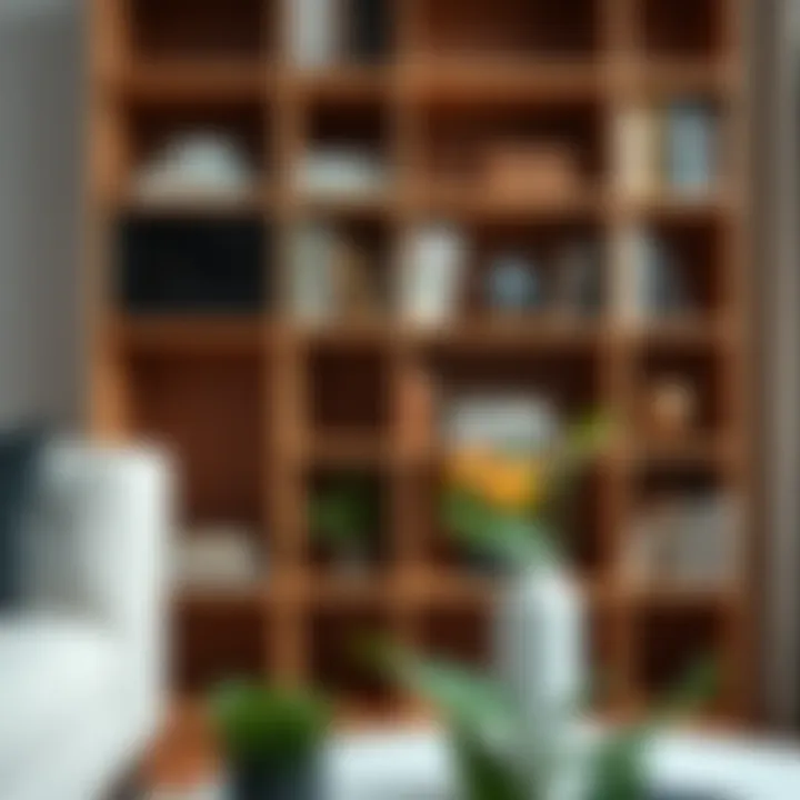 Close-up of organized eight cube bookcase